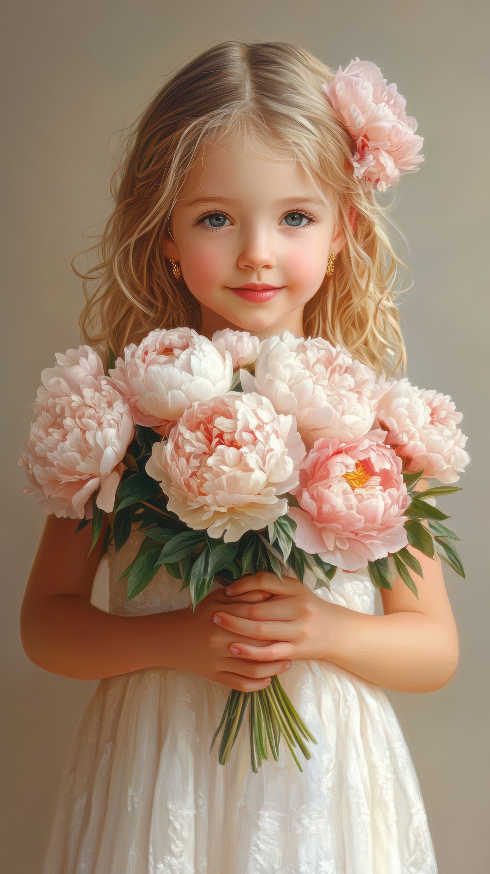 Young girl holding a bouquet of peonies, dressed in a white dress, with soft curls and a floral accessory